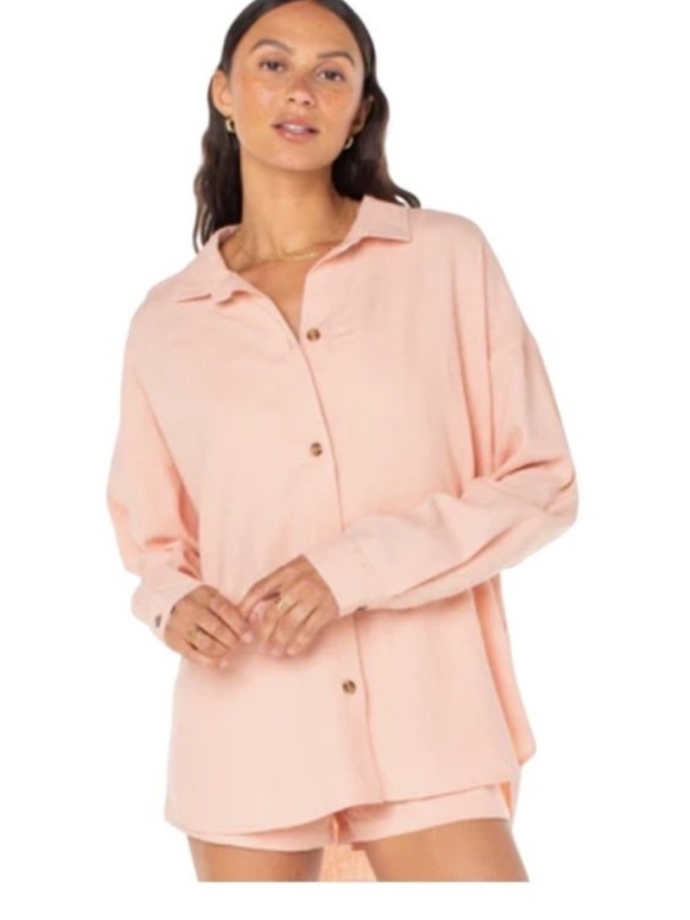 Roxy Women's Morning Time Gauze Linen Peach Pink  Button-Up Shirt Sz Large